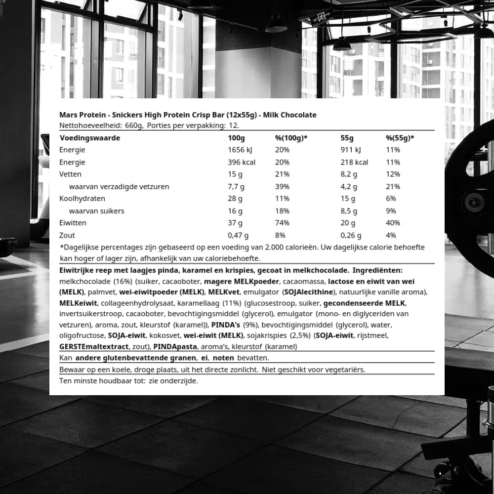 Mars Snickers HiProtein Crisp bar ingredients label visible.