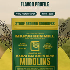 Heritage grains display featuring Marsh Hen Mill Carolina Gold Middlins