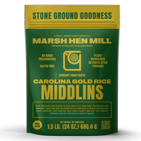 Marsh Hen Mill Carolina Gold Middlins pack shot showing premium heirloom broken rice