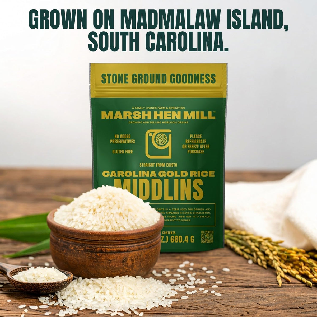 Marsh Hen Mill Middlins packaging emphasizing gluten-free and non-GMO status