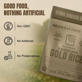 Marsh Hen Mill Carolina Gold Rice bag on kitchen counter for authentic Southern flavor.