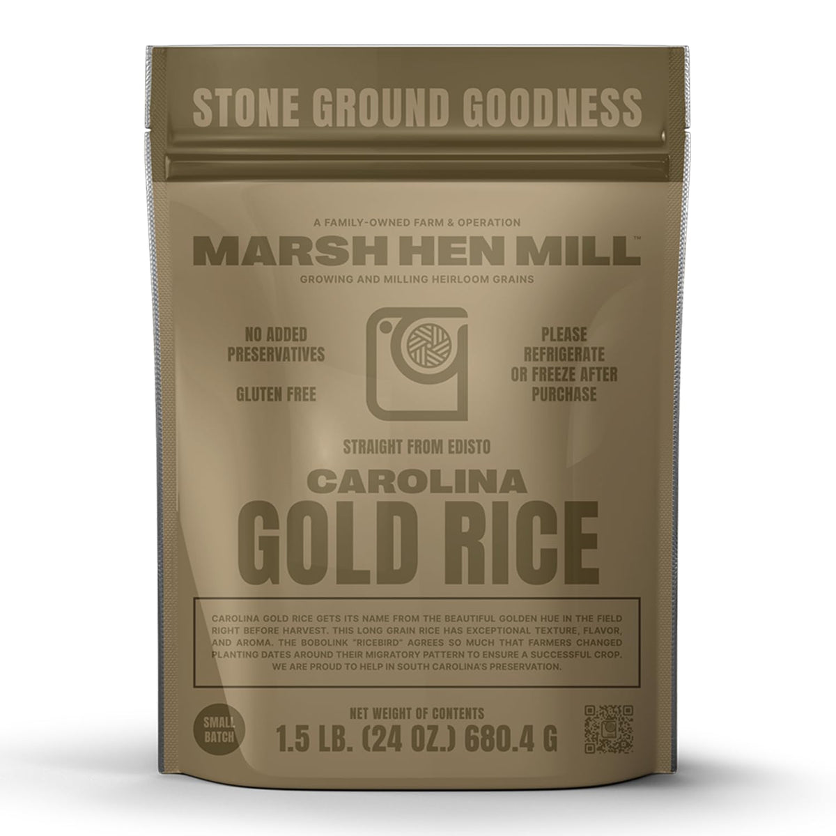 Marsh Hen Mill Carolina Gold Rice pack on counter, premium long-grain quality for fluffier results