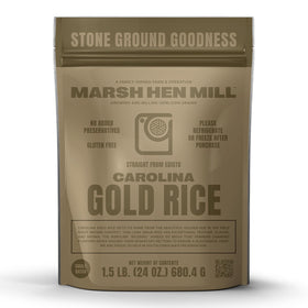 Marsh Hen Mill Carolina Gold Rice pack on counter, premium long-grain quality for fluffier results