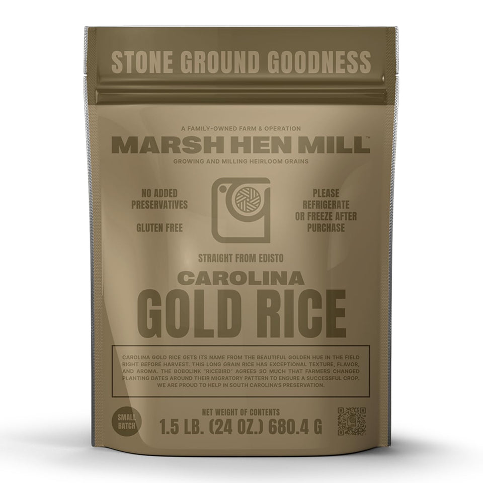 Marsh Hen Mill Carolina Gold Rice package showing premium long grains for fluffy results.