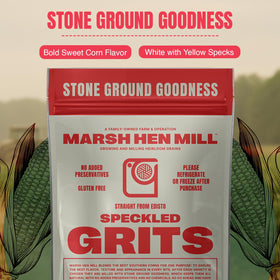 Marsh Hen Mill Speckled Grits gluten-free label on packaging.