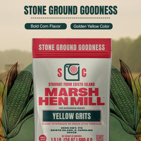 Marsh Hen Mill grits box on pantry shelf gluten-free staple