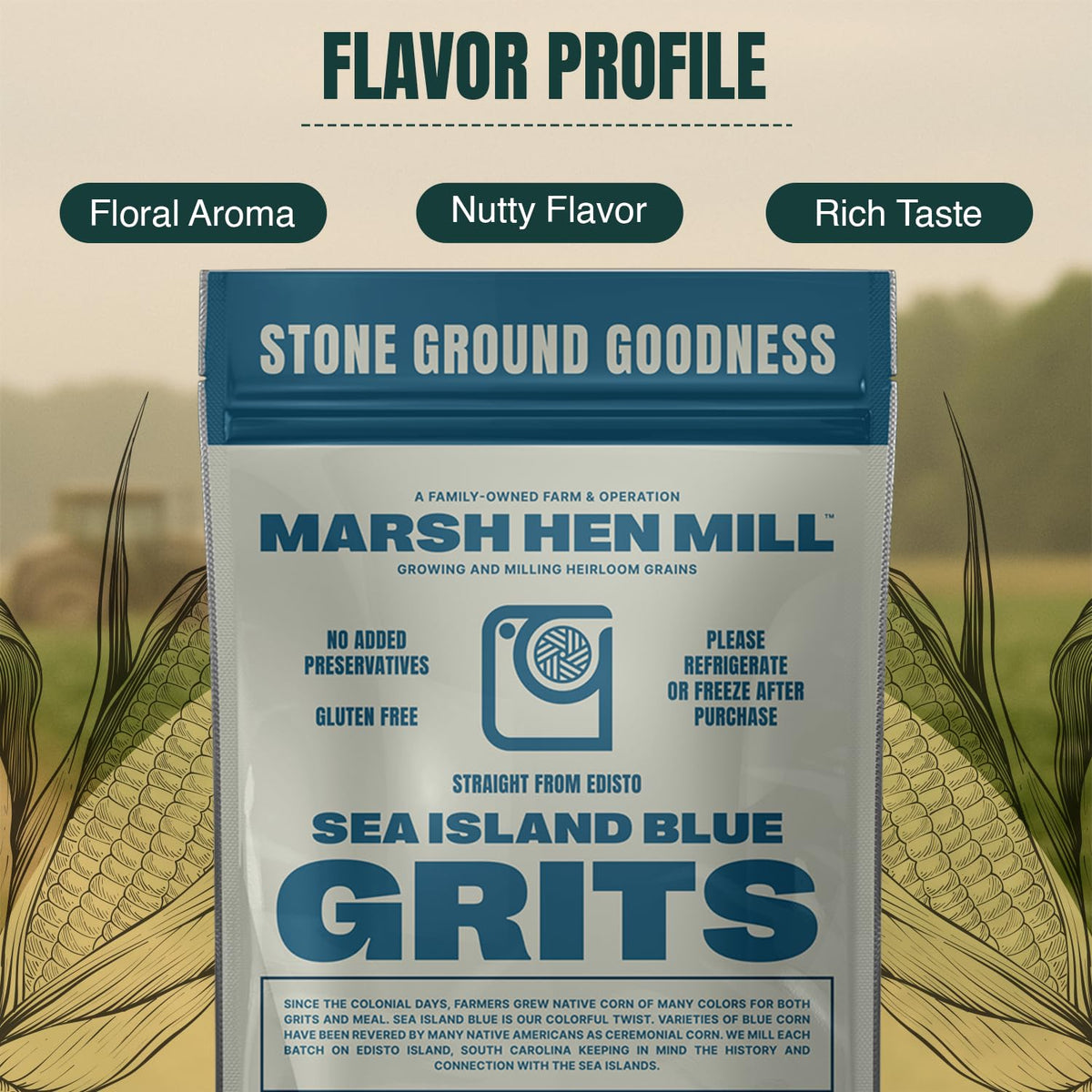 Marsh Hen Mill Sea Island Blue Grits southern heirloom corn flavor.