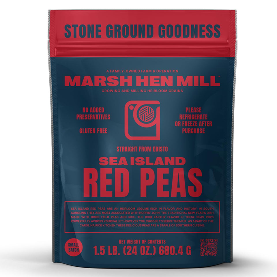 Marsh Hen Mill Sea Island Red Peas bag showcases premium heirloom beans with rich flavor.