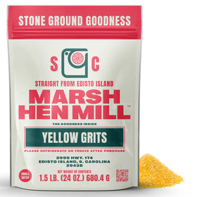 Marsh Hen Mill Sea Island Yellow Grits bag on rustic counter for a hearty breakfast
