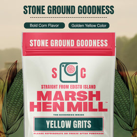 Butter melting into hot Marsh Hen Mill Sea Island Yellow Grits for a savory side