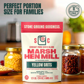 Gluten-free status highlighted on Marsh Hen Mill Sea Island Yellow Grits packaging