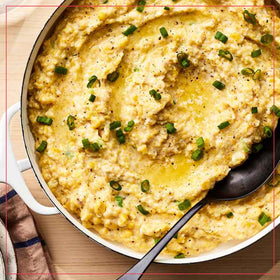 Marsh Hen Mill Speckled Grits serving with seafood and gravy.