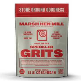 Marsh Hen Mill Speckled Grits bag showing packaging, a hearty breakfast staple.