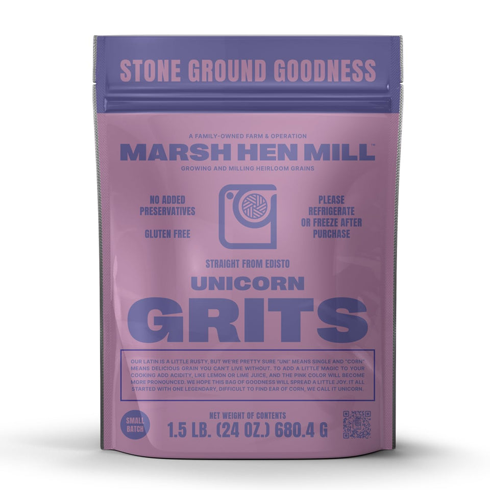 Marsh Hen Mill Unicorn Grits pink corn in a bowl; gluten-free comfort