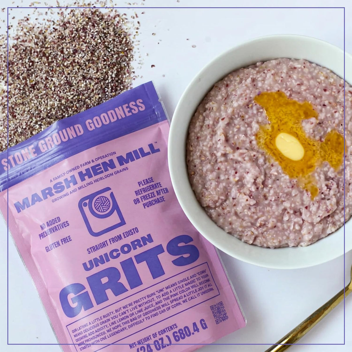 Marsh Hen Mill Unicorn Grits pink corn close-up kernels