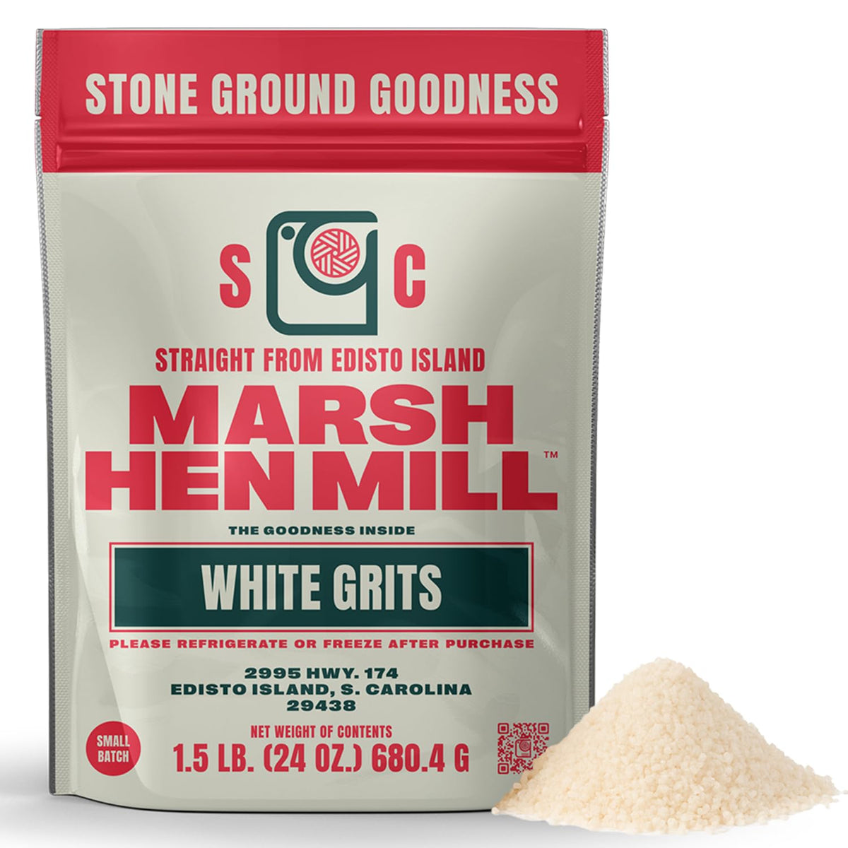 Marsh Hen Mill White Grits in a package show stone-ground texture for quick meals.