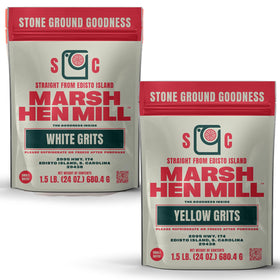 Marsh Hen Mill Yellow Grits bag on kitchen counter for quick breakfast rituals