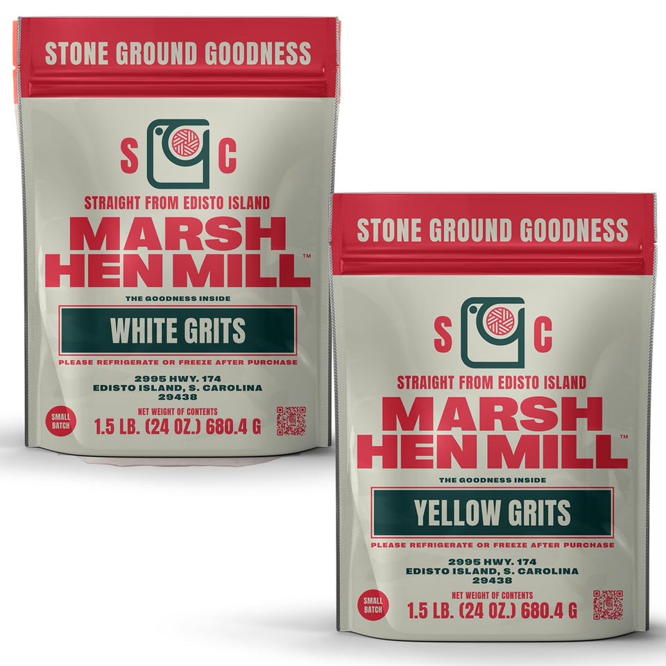 Marsh Hen Mill Yellow Grits bag on kitchen counter for quick breakfast rituals