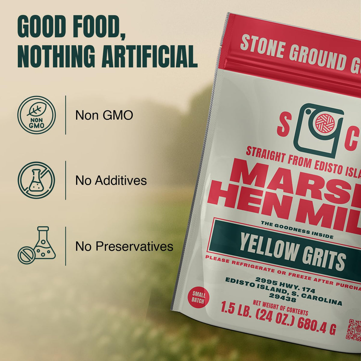 Marsh Hen Mill yellow grits coarse-ground texture for hearty skillet breakfasts