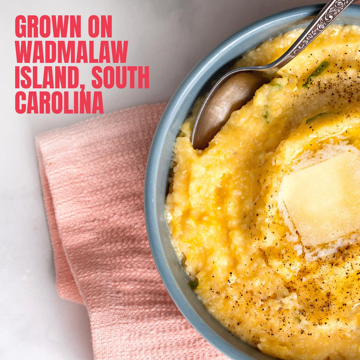 Marsh Hen Mill Speckled Grits yellow and white corn blend on board for rich flavor.