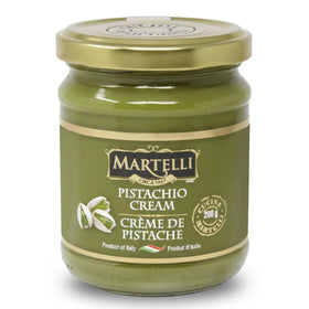 Martelli Pistachio Cream 200g packaging shown, premium Italian spread for desserts.