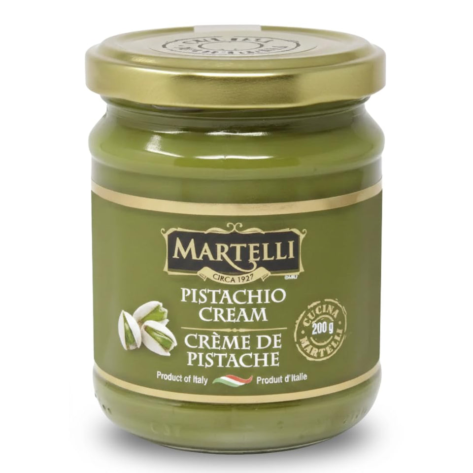 Martelli Pistachio Cream 200g packaging shown, premium Italian spread for desserts.