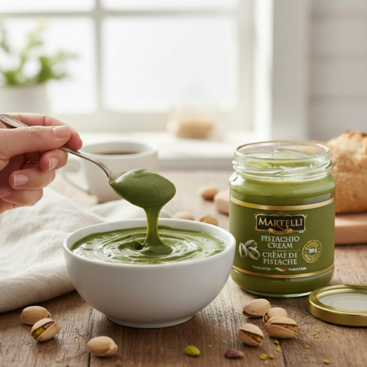 Martelli Pistachio Cream ingredients glimpse highlights gluten-free, non-GMO quality.