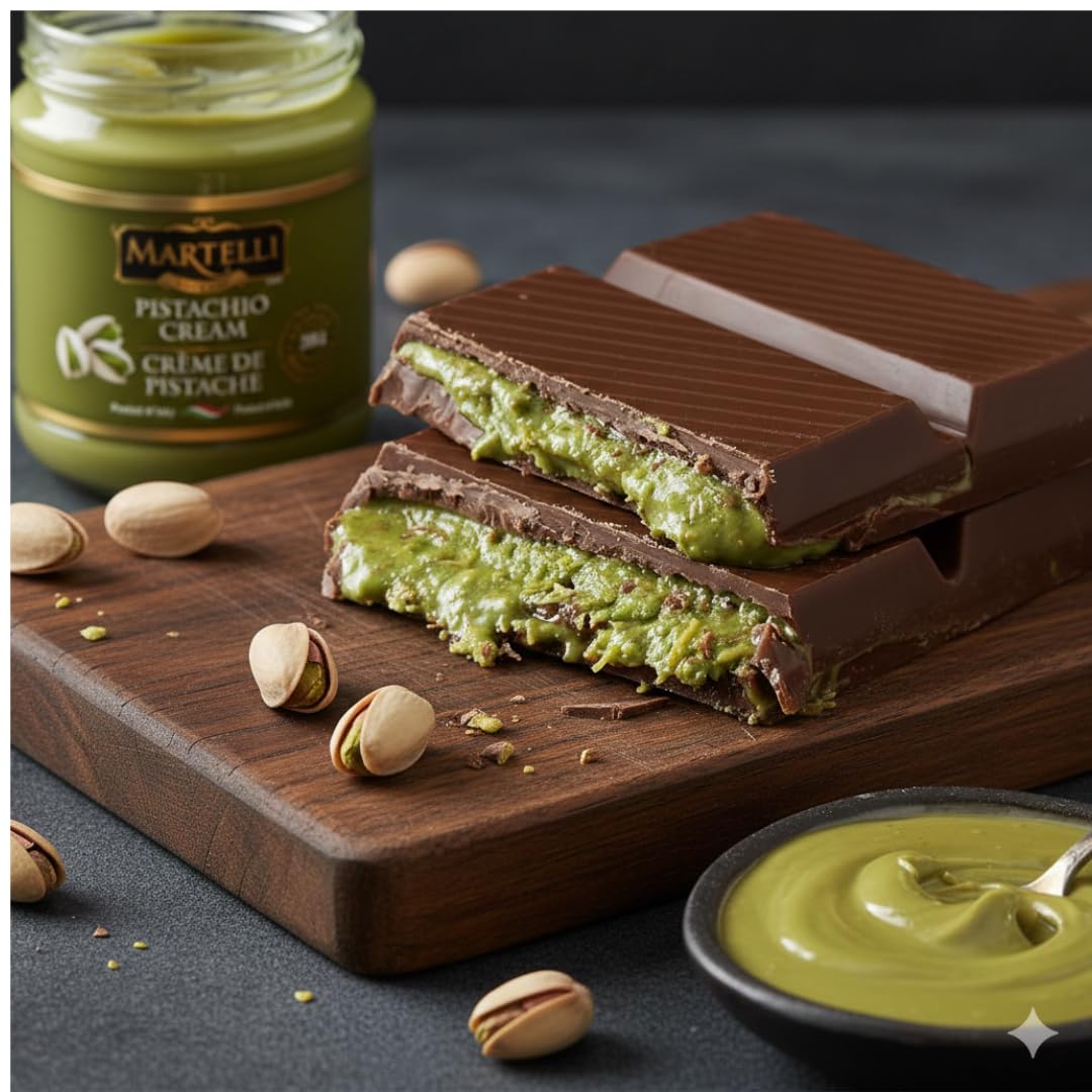 Martelli Pistachio Cream jar close-up highlights smooth texture ideal for toppings.