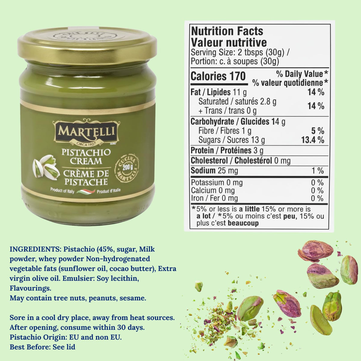 Martelli Pistachio Cream spread on toast showcases versatile breakfast option.