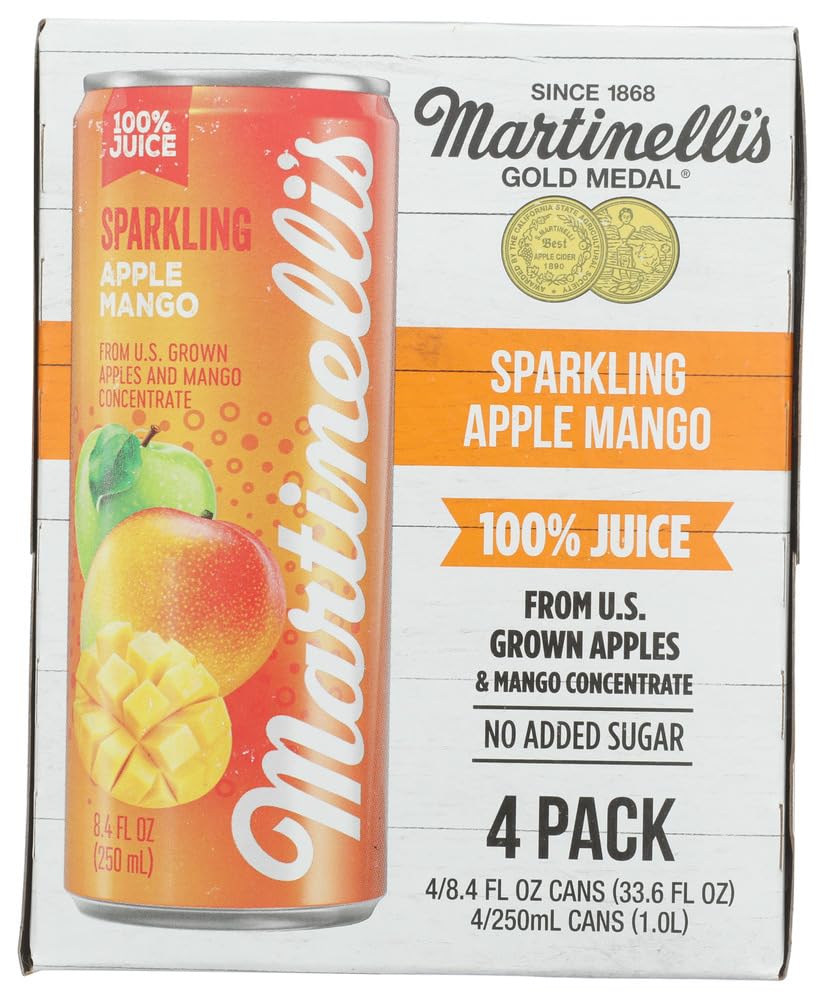 Martinelli's sparkling apple mango juice front packaging inviting refreshing family moments.