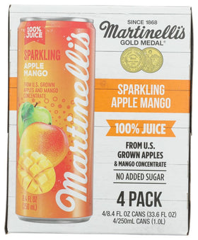 Martinelli's sparkling apple mango juice front packaging inviting refreshing family moments.
