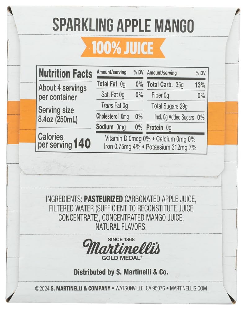 Martinelli's 4-pack on shelf signals a family-friendly beverage.