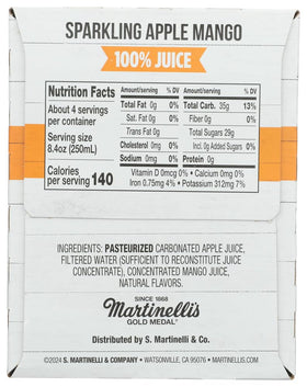 Martinelli's 4-pack on shelf signals a family-friendly beverage.