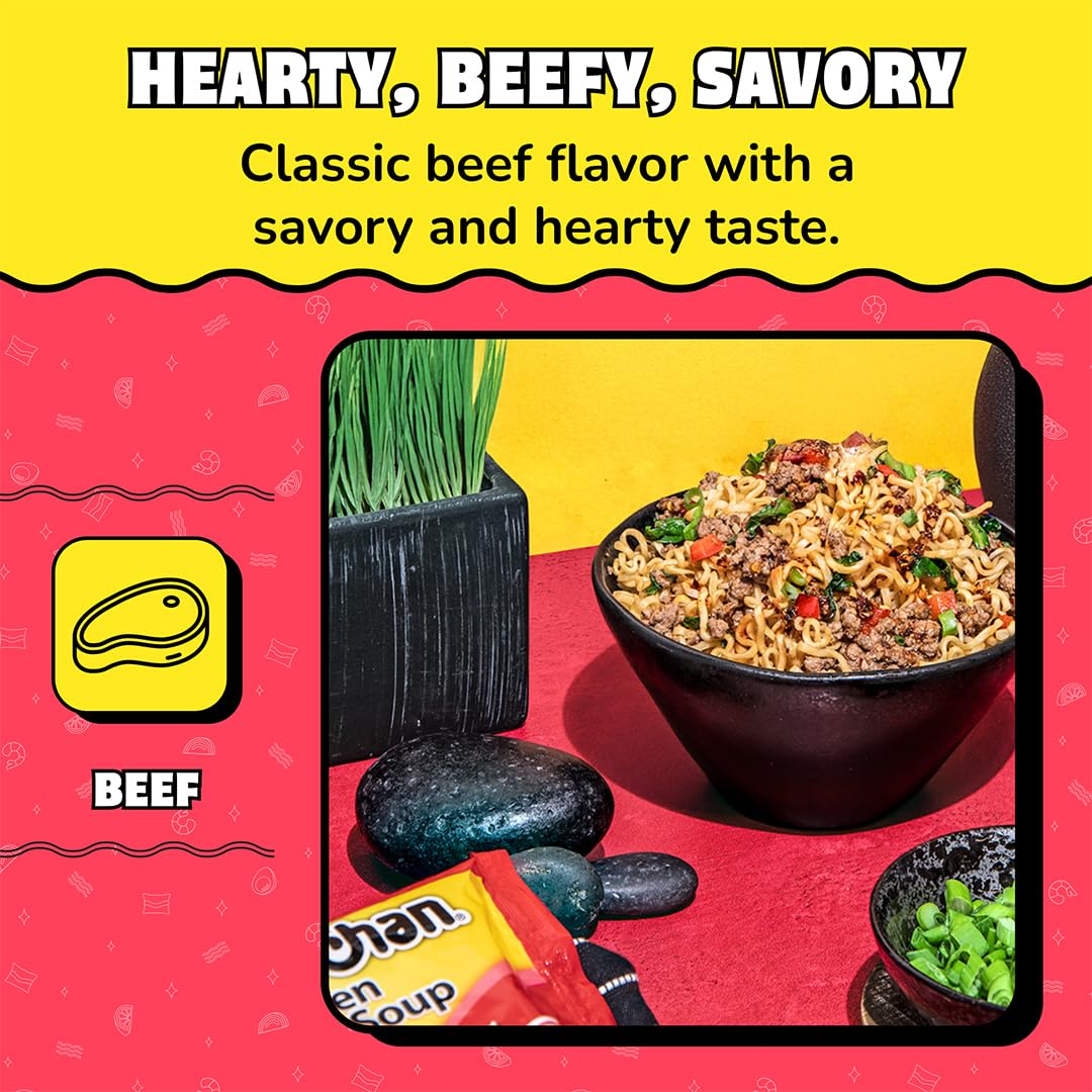 Maruchan beef-flavor ramen noodles in boiling water, ready in minutes for busy days.