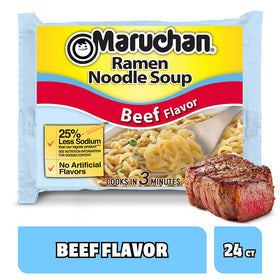 Maruchan less sodium beef flavor ramen packet for lighter, flavorful meals.