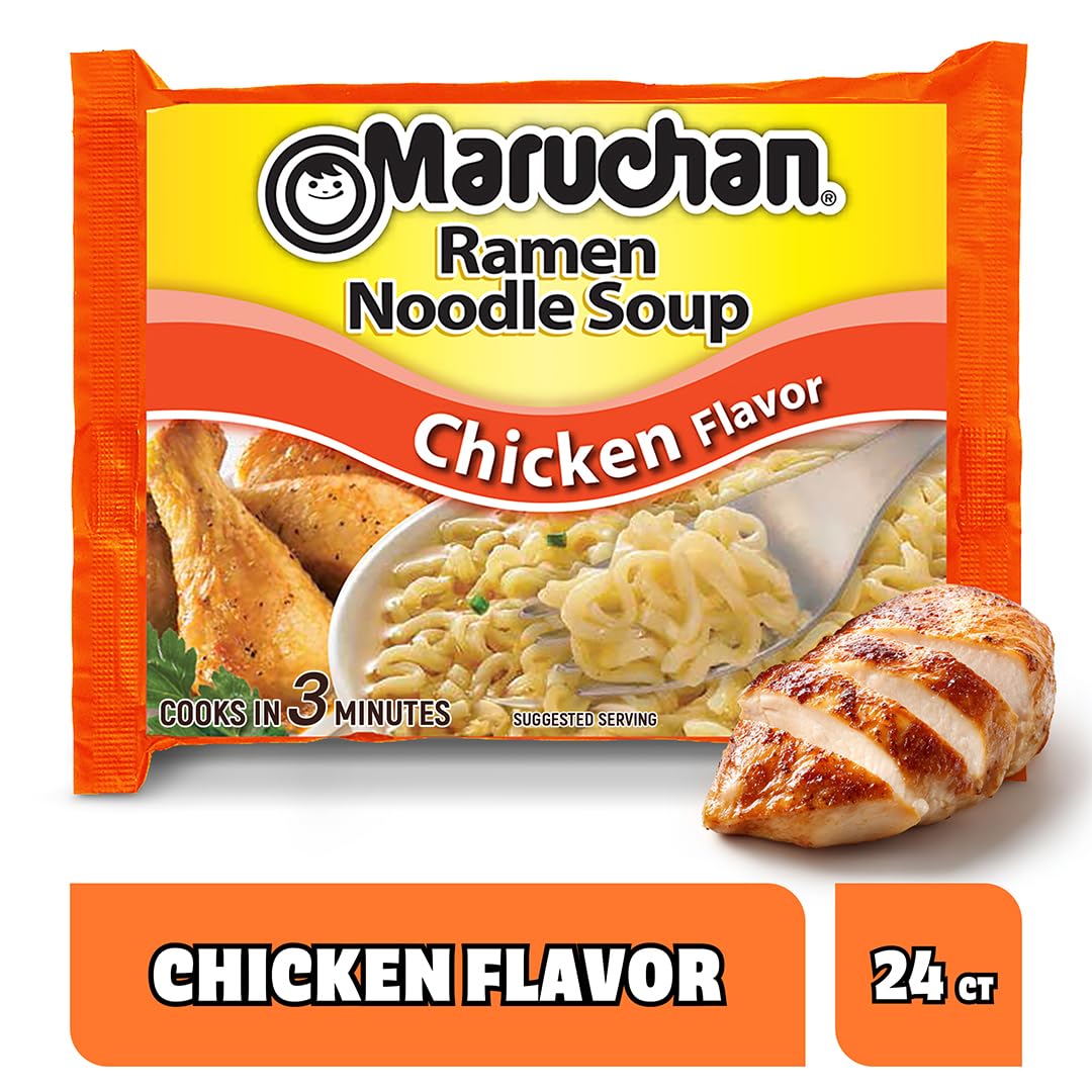 Maruchan Chicken Flavor noodles steaming to quick lunch option.