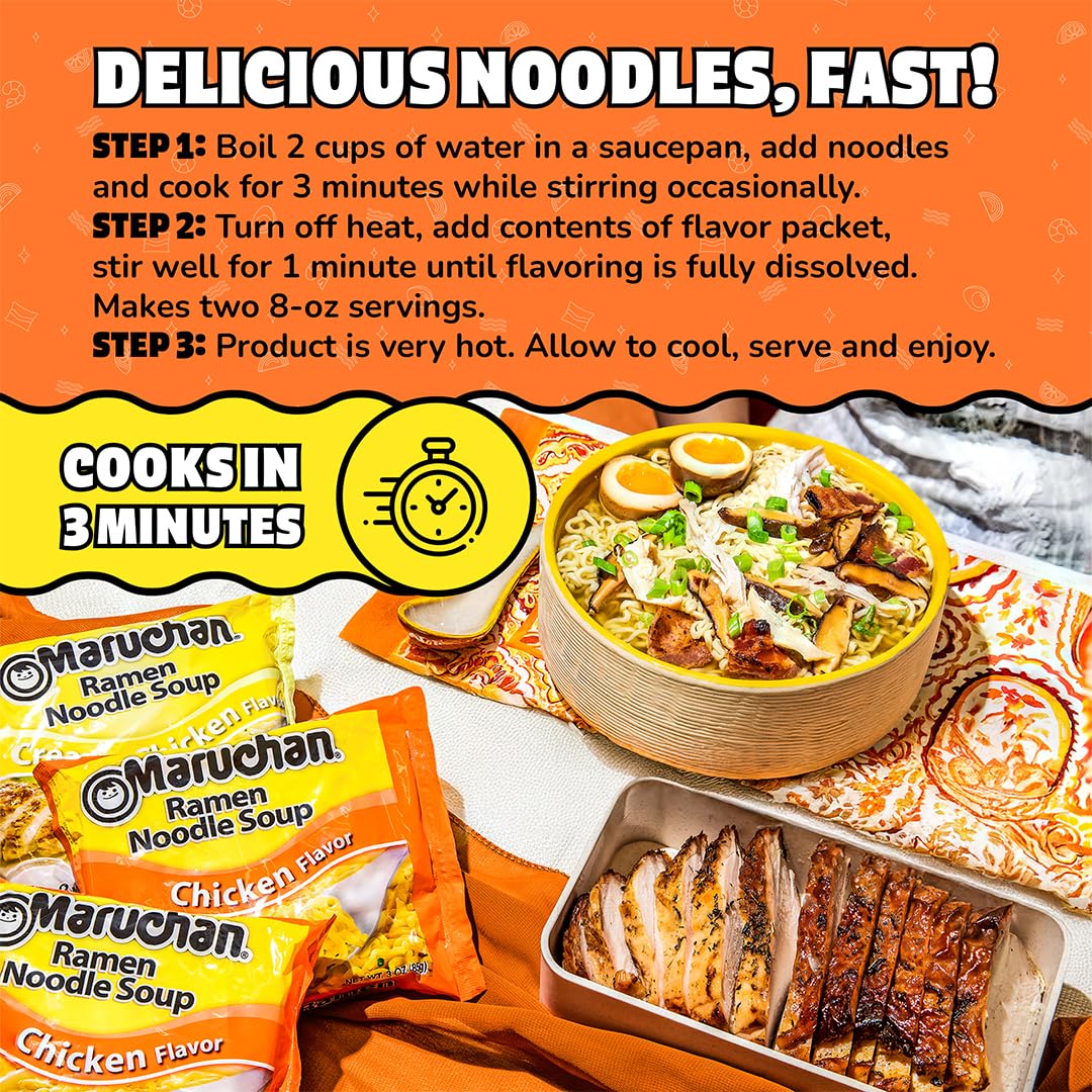 Maruchan Chicken Flavor noodles with spoon ready for easy dinners.