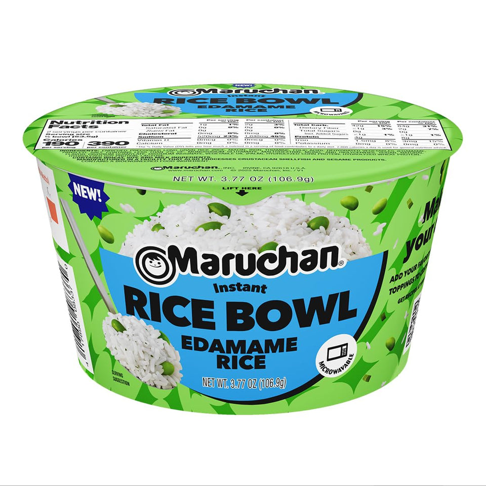 Maruchan Edamame Rice Bowl pack-front, convenient ready meal for busy days.
