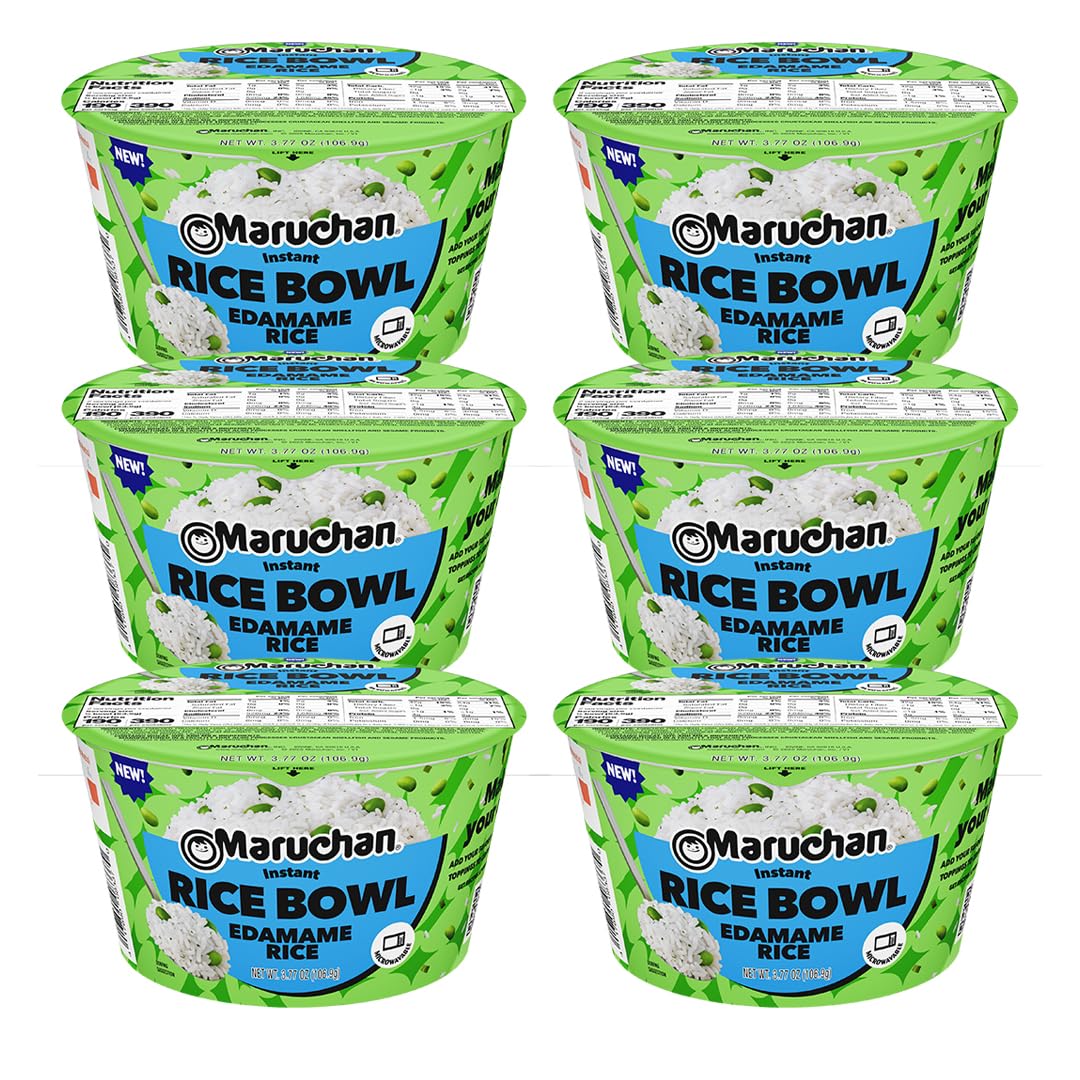 Maruchan Edamame Rice Bowl steaming-serve, quick tasty meal for lunch or dinner.