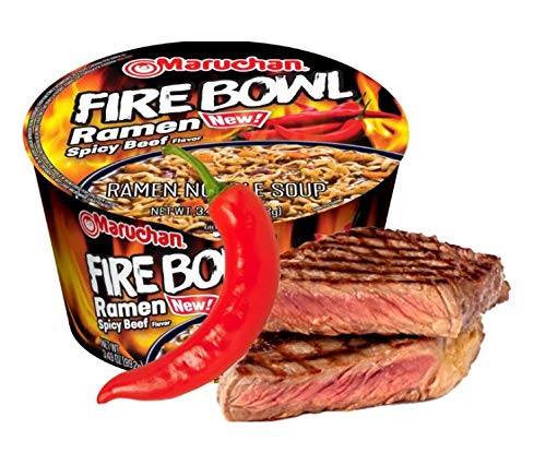 Maruchan Fire Bowl steaming bowl shows hot, satisfying beef ramen ready in minutes.