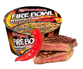 Maruchan Fire Bowl steaming bowl shows hot, satisfying beef ramen ready in minutes.