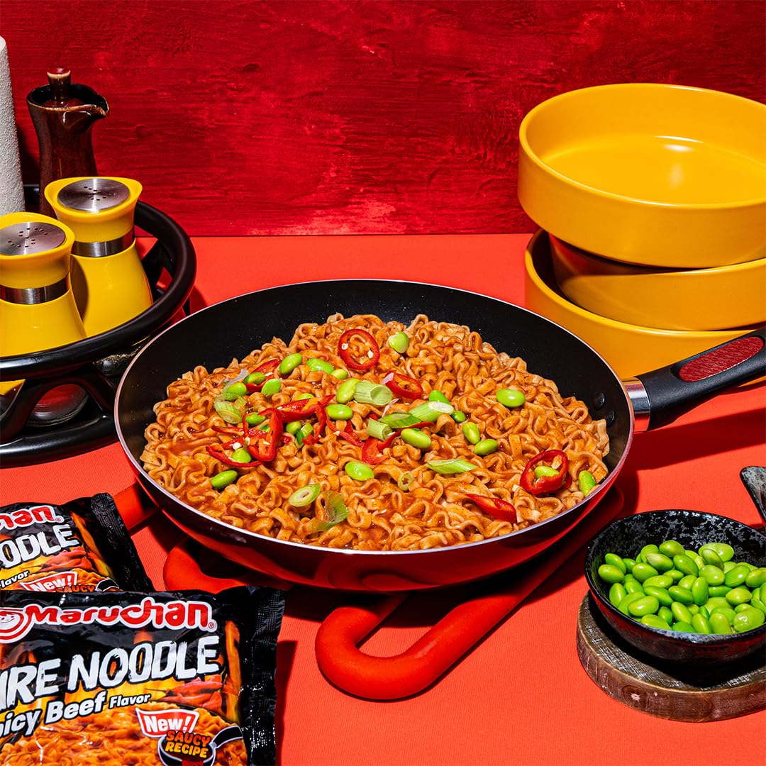 Maruchan Fire Spicy Beef sauce-pack highlighting customizable flavor boosts.