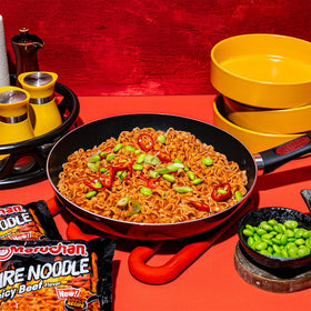 Maruchan Fire Spicy Beef sauce-pack highlighting customizable flavor boosts.