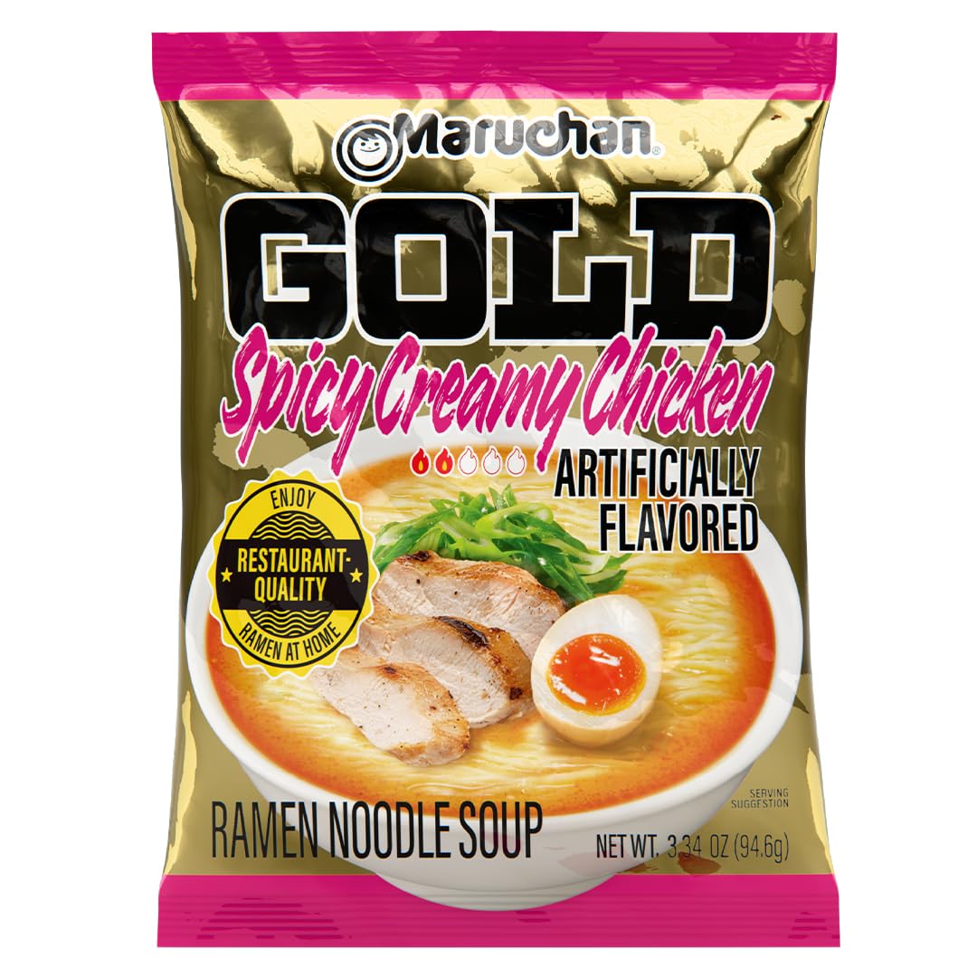 Maruchan Gold ramen bowl shows steaming broth, ideal for home dining.