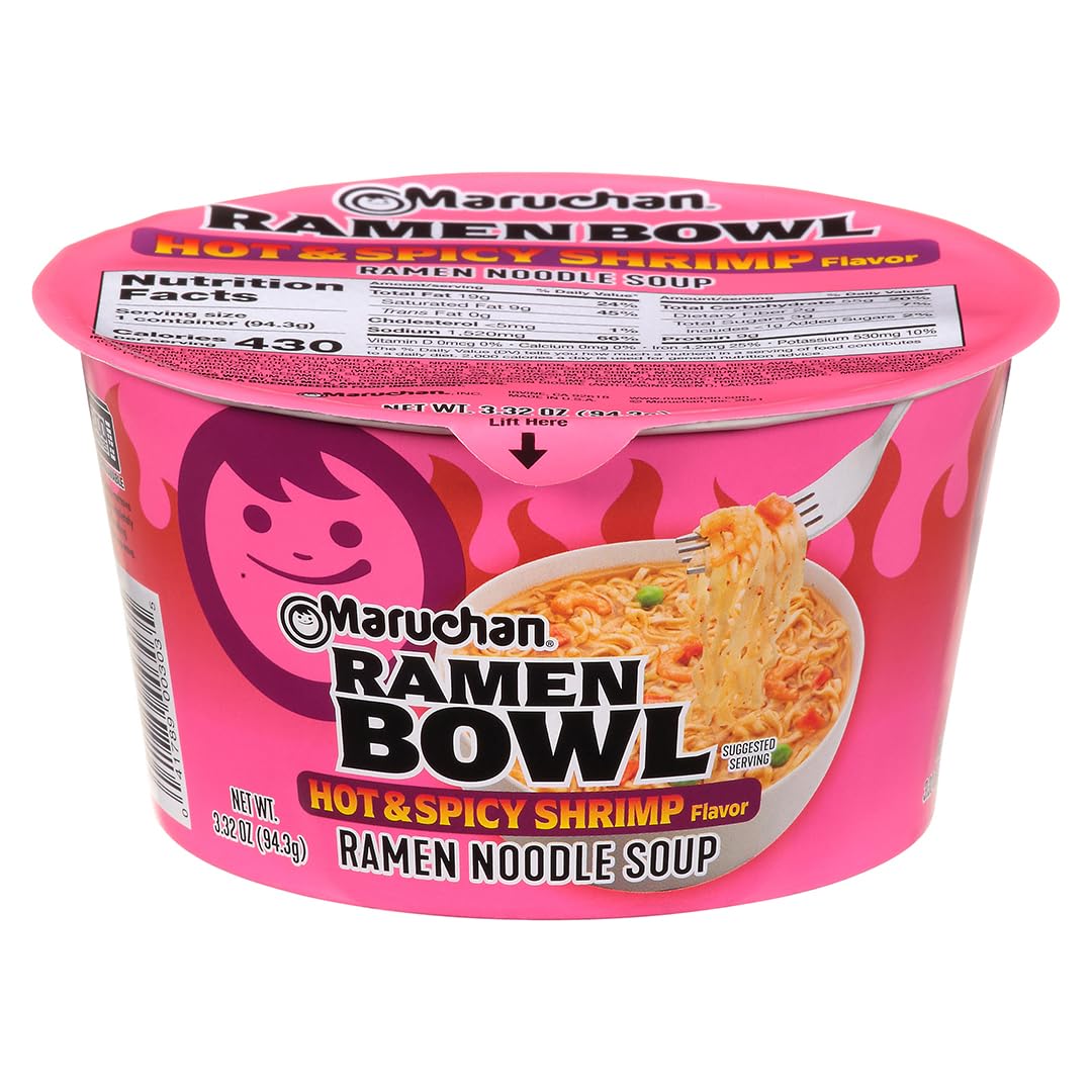 Maruchan Ramen Bowl hot & spicy shrimp, front view, ready to serve.