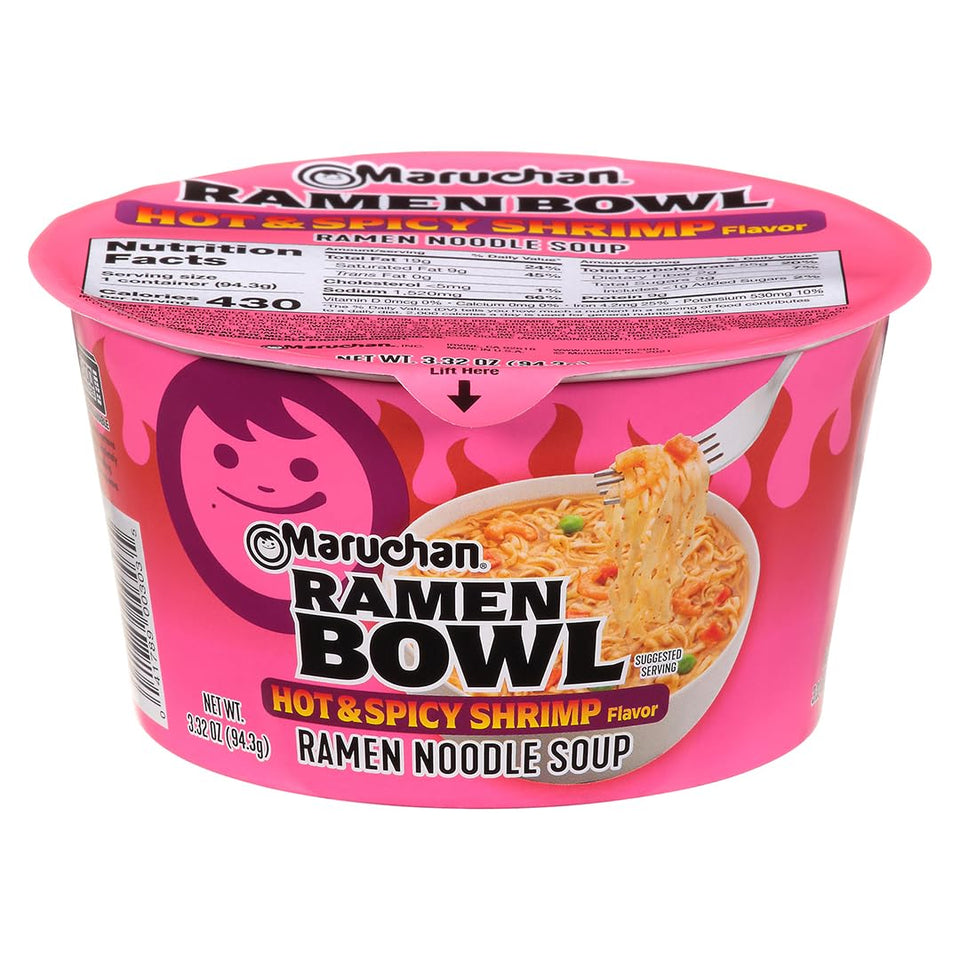 Maruchan Ramen Bowl hot & spicy shrimp, front view, ready to serve.