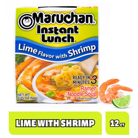 Maruchan Instant Lunch lime shrimp cup open lid showing easy three-minute prep