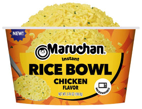 Maruchan instant rice bowl chicken packaging highlights quick microwave-ready convenience.