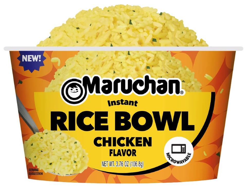 Maruchan instant rice bowl chicken packaging highlights quick microwave-ready convenience.