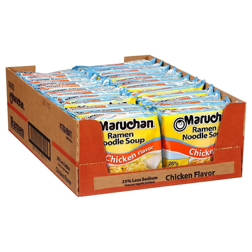 Maruchan Less Sodium Chicken ramen cup ready for a quick, satisfying meal.